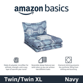 Amazon Basics bed-in-a-bag layout with navy geometric print including sheets and pillow sham.