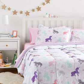 Amazon Basics bed-in-a-bag unicorns comforter close-up showing plush warmth for all-season use