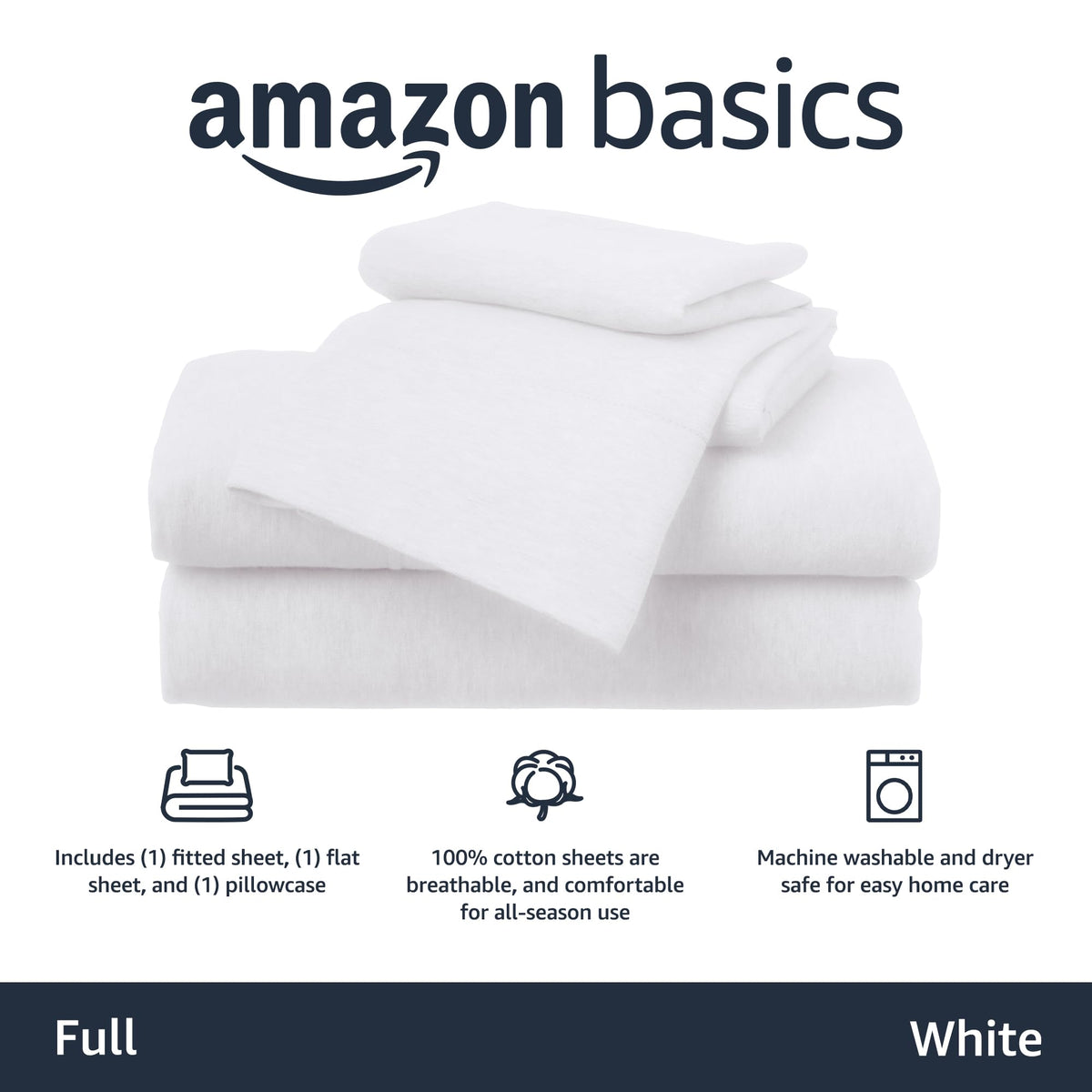 Amazon Basics full sheet set with secure fit up to 14 inches for easy changes.