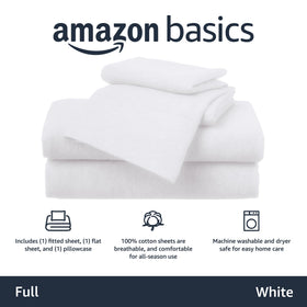 Amazon Basics full sheet set with secure fit up to 14 inches for easy changes.