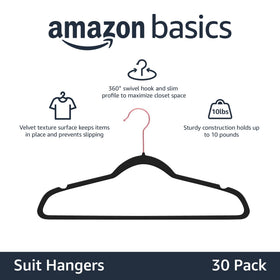Amazon Basics black velvet hangers with rose-gold accents in closet