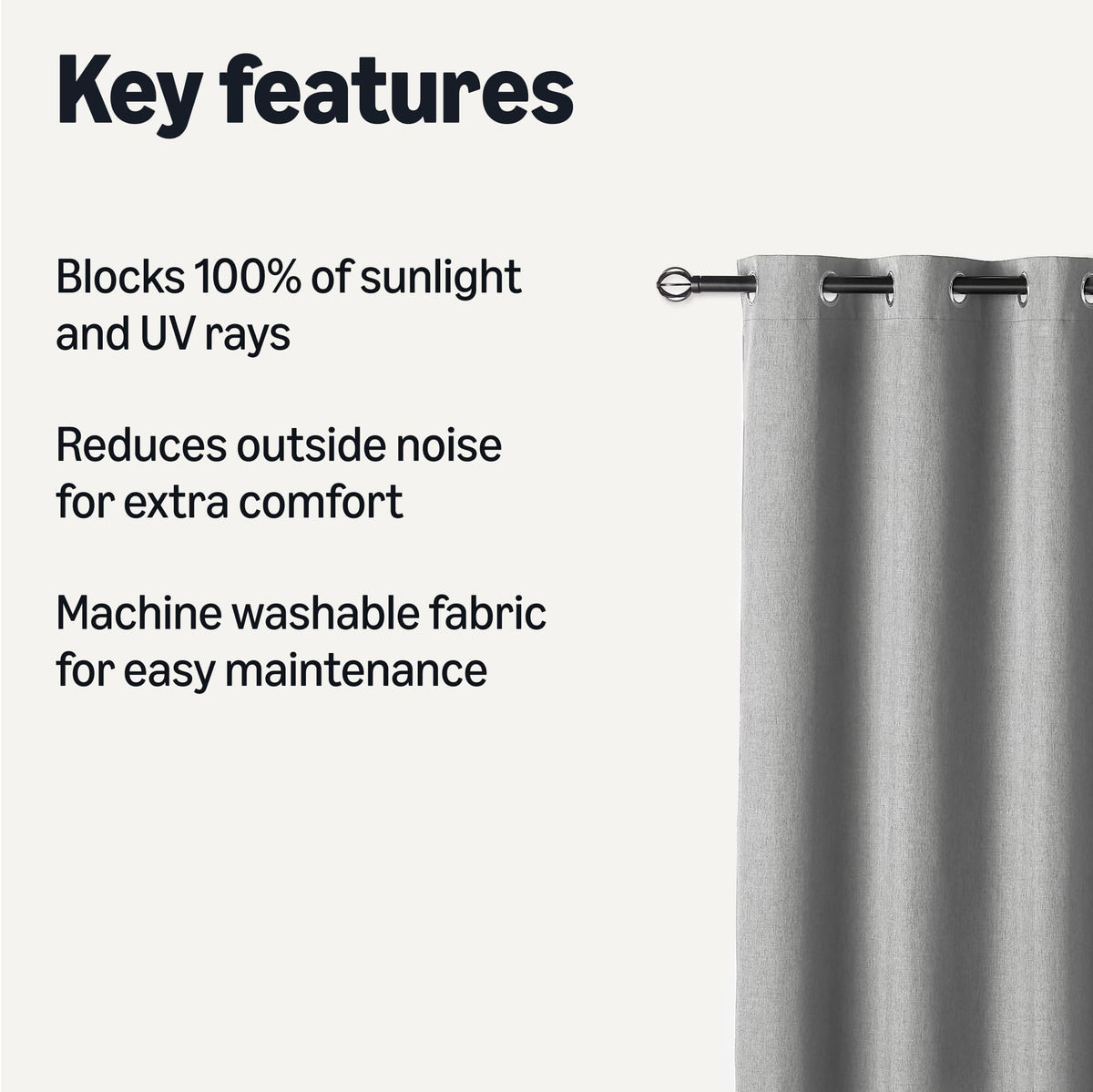 Amazon Basics blackout curtains grommets closeup highlighting sturdy hardware for standard rod fit.