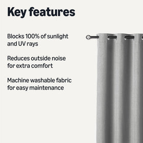 Amazon Basics blackout curtains grommets closeup highlighting sturdy hardware for standard rod fit.