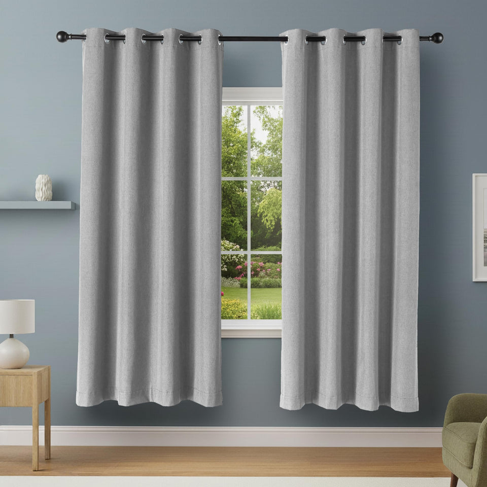 Amazon Basics blackout curtains with grommets in dark gray, two panels for privacy.