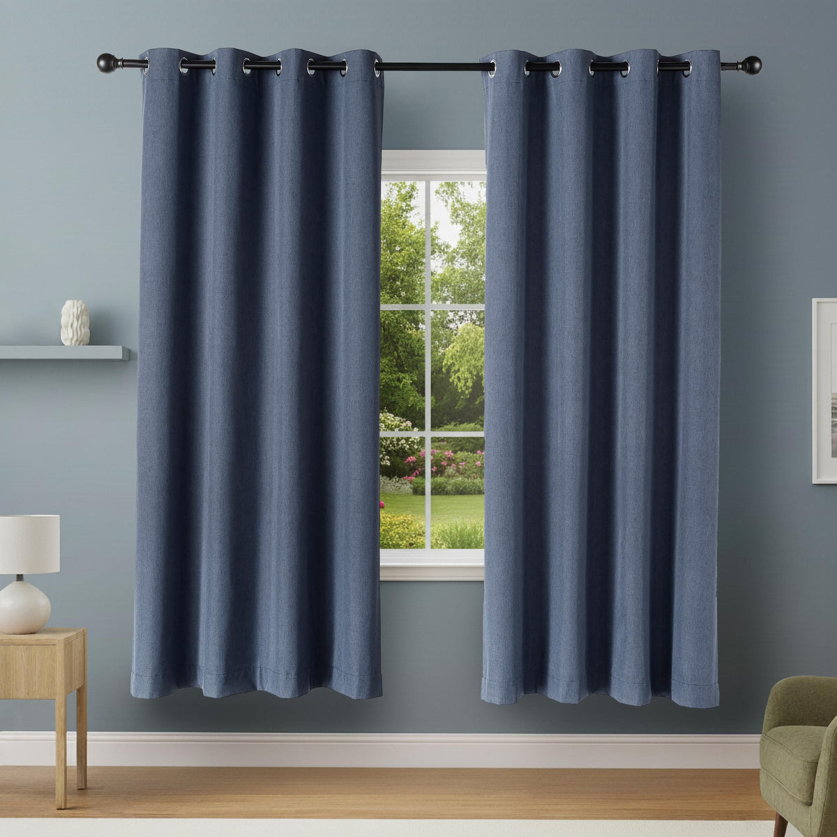 Amazon Basics blackout curtains navy panel closed with grommets for standard rods