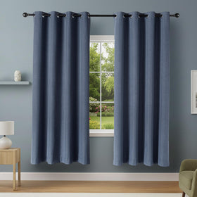 Amazon Basics blackout curtains navy panel closed with grommets for standard rods