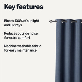 Amazon Basics blackout curtains navy panel open illustrating light control