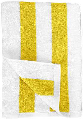 Amazon Basics cabana stripe towel label shows MADE IN GREEN and OEKO-TEX.