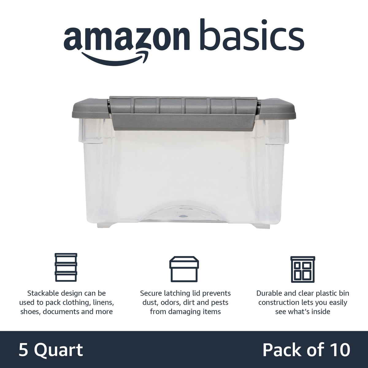 Amazon Basics clear bin with grey lid for quick content visibility.