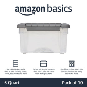 Amazon Basics clear bin with grey lid for quick content visibility.