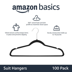 Amazon Basics closet-organization hangers with velvet surface prevent slipping of heavy blazers.