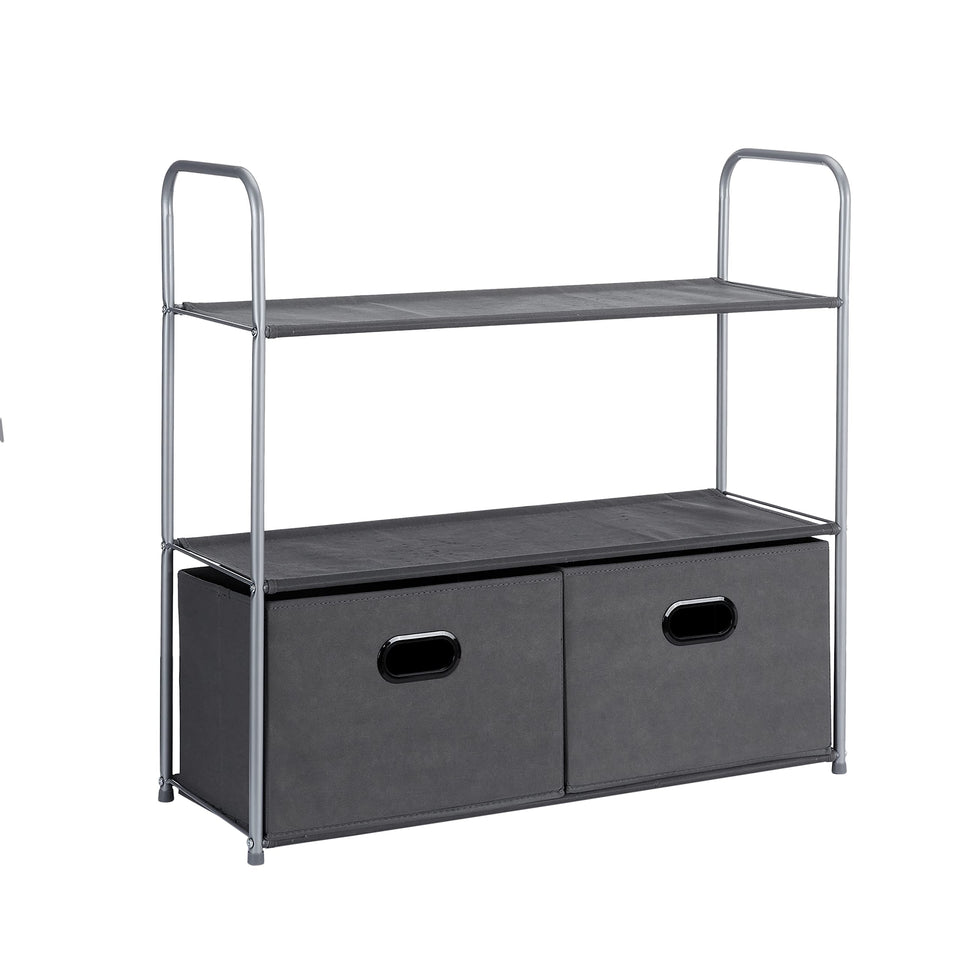 Amazon Basics closet organizer with three fabric shelves for breathable wardrobe storage.