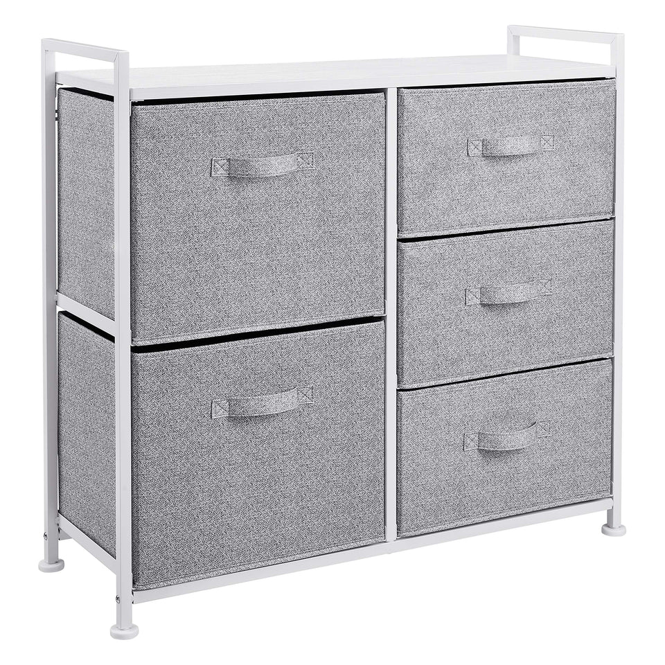 Amazon Basics closet organizer with five white fabric drawers for spacious clothing storage
