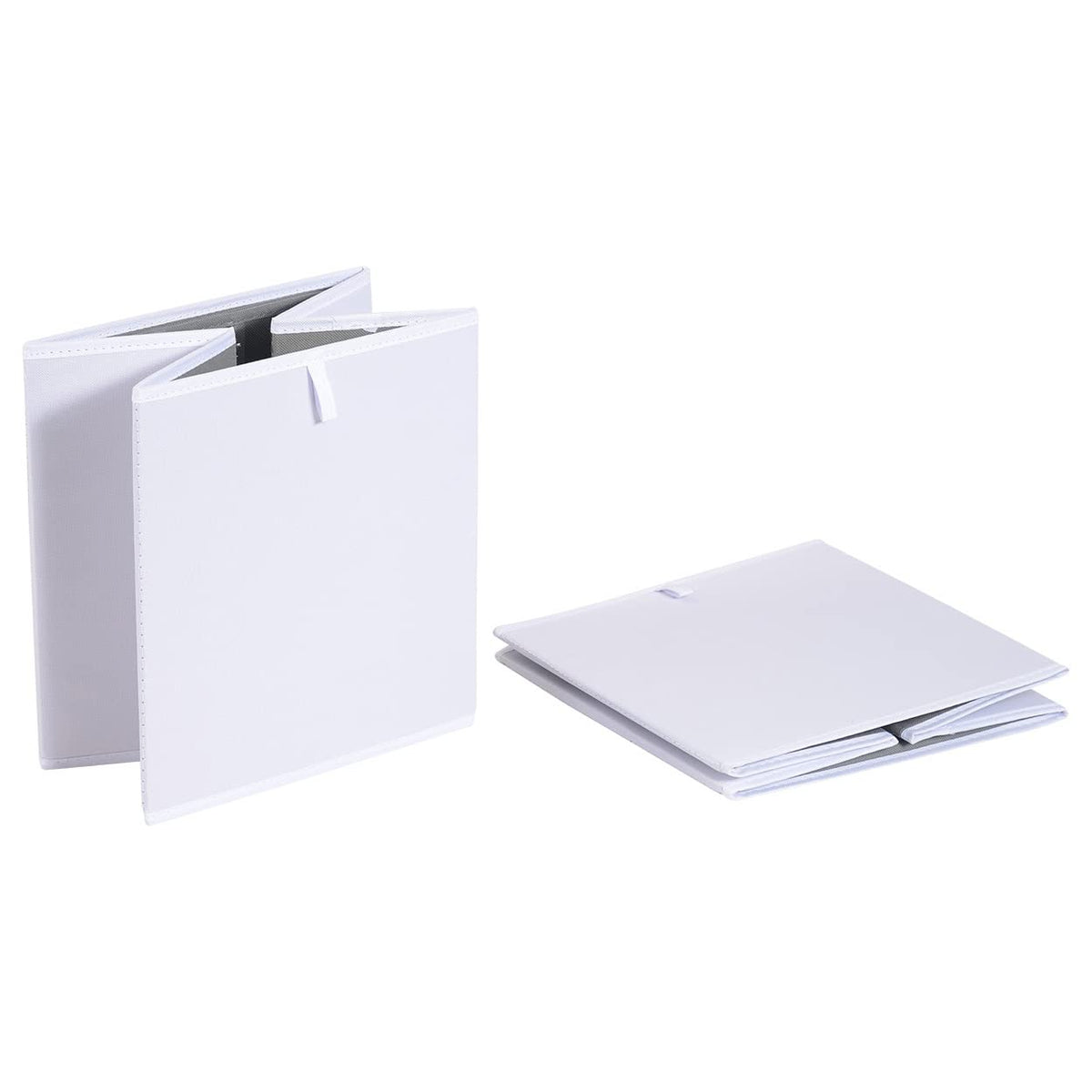 Amazon Basics white collapsible cube bin collapsed for compact storage