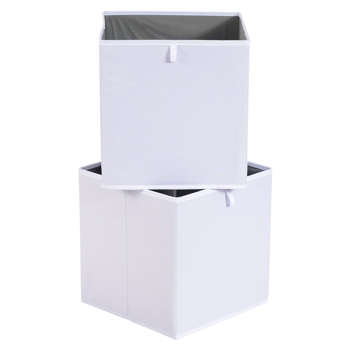 Amazon Basics collapsible cube bin on a shelf, showcasing space-saving storage