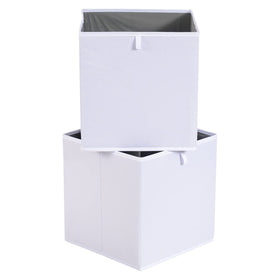 Amazon Basics collapsible cube bin on a shelf, showcasing space-saving storage