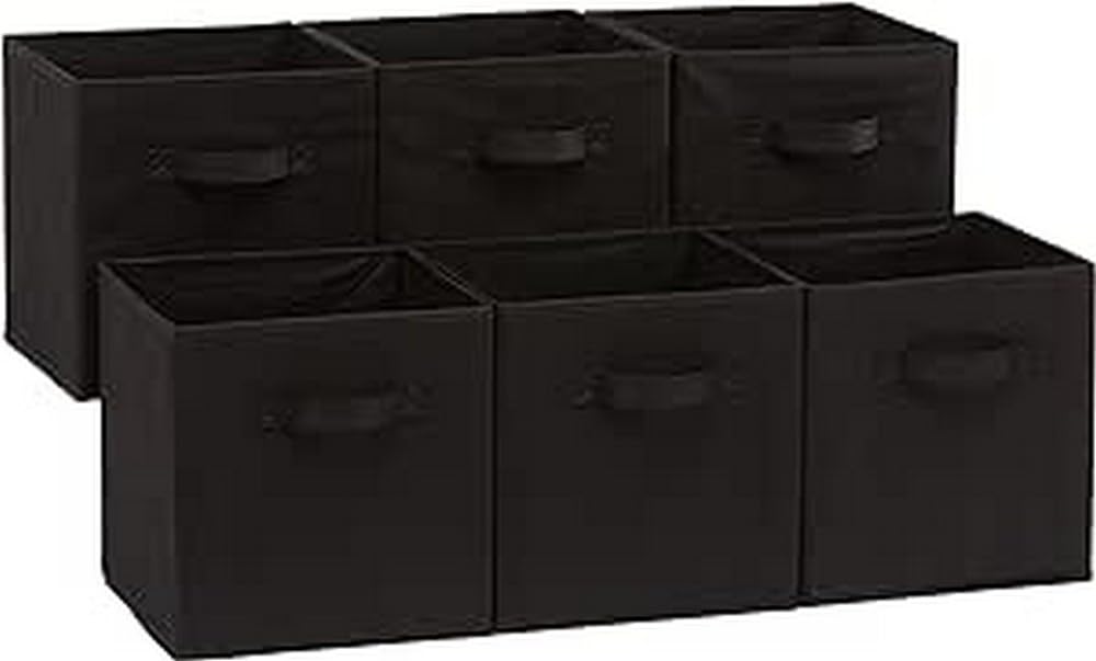 Amazon Basics collapsible fabric storage bins six-pack in black with handles for tidy storage.
