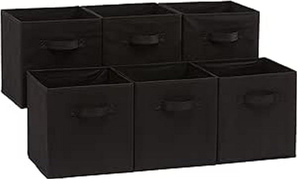 Amazon Basics collapsible fabric storage bins six-pack in black with handles for tidy storage.