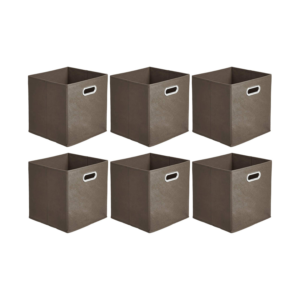 Amazon Basics taupe collapsible bin, front view showing sturdy fabric and handles.
