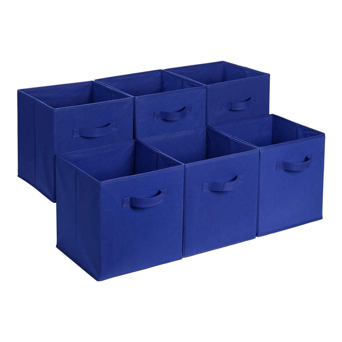 Amazon Basics collapsible fabric storage bins navy with sturdy handles for easy transport.