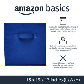 Amazon Basics navy fabric bin close-up highlighting sewn-in handles and breathable fabric.