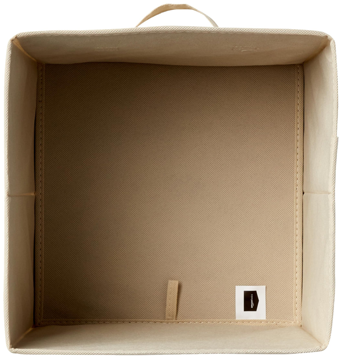 Amazon Basics collapsible storage cube on a shelf keeps items neatly stored