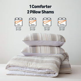 Amazon Basics comforter set packaging highlights sustainable materials and labeling.