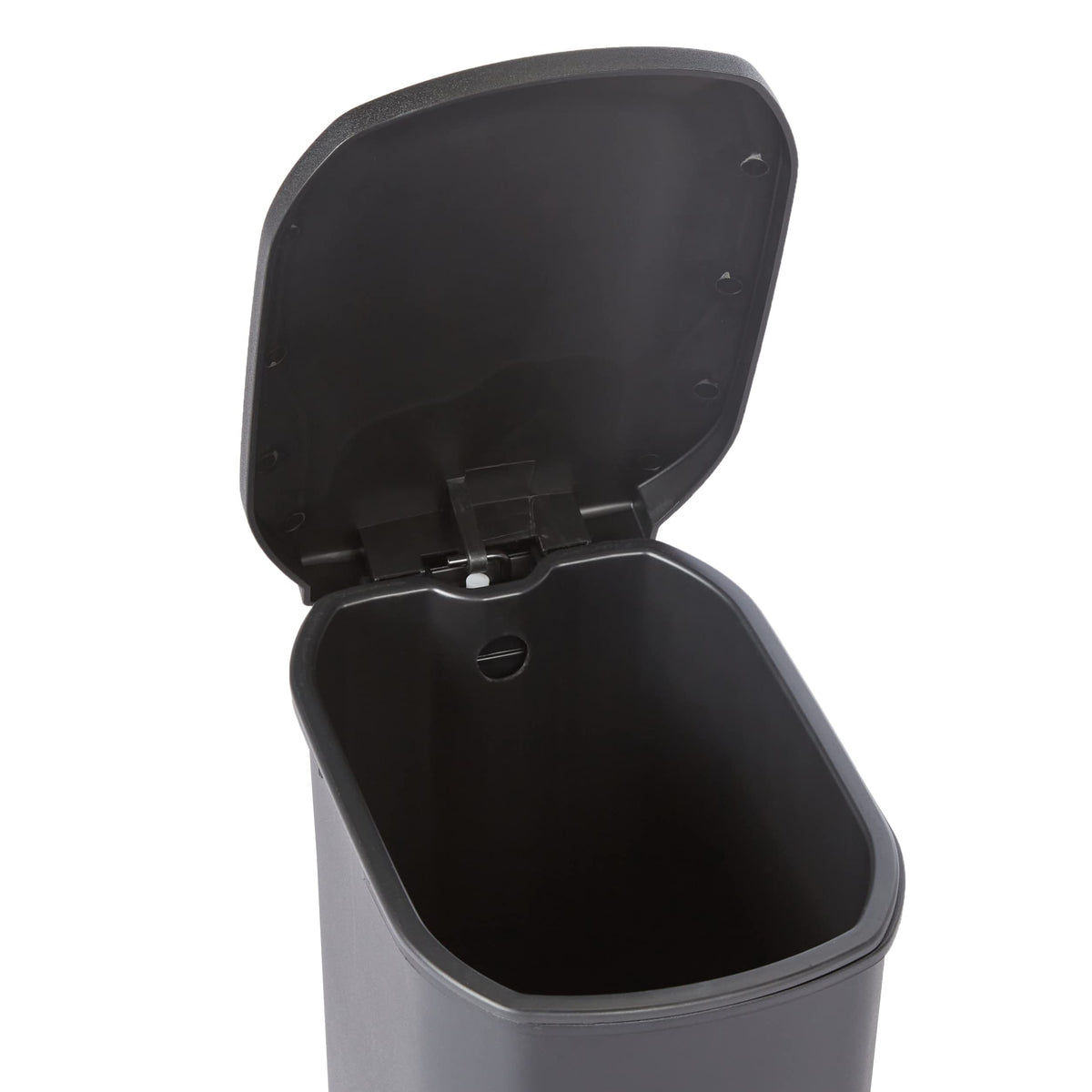 Amazon Basics compact trash can dimensions shown, fits small bathrooms.