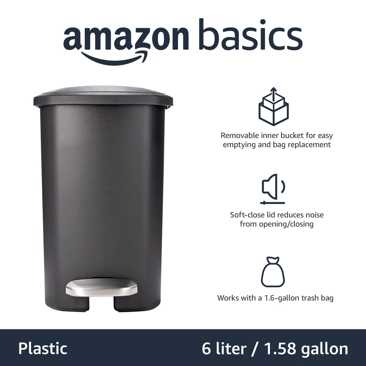 Amazon Basics compact trash can lid closed, showcasing soft-close quiet operation.