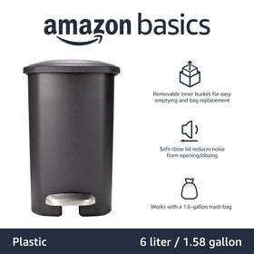 Amazon Basics compact trash can lid closed, showcasing soft-close quiet operation.