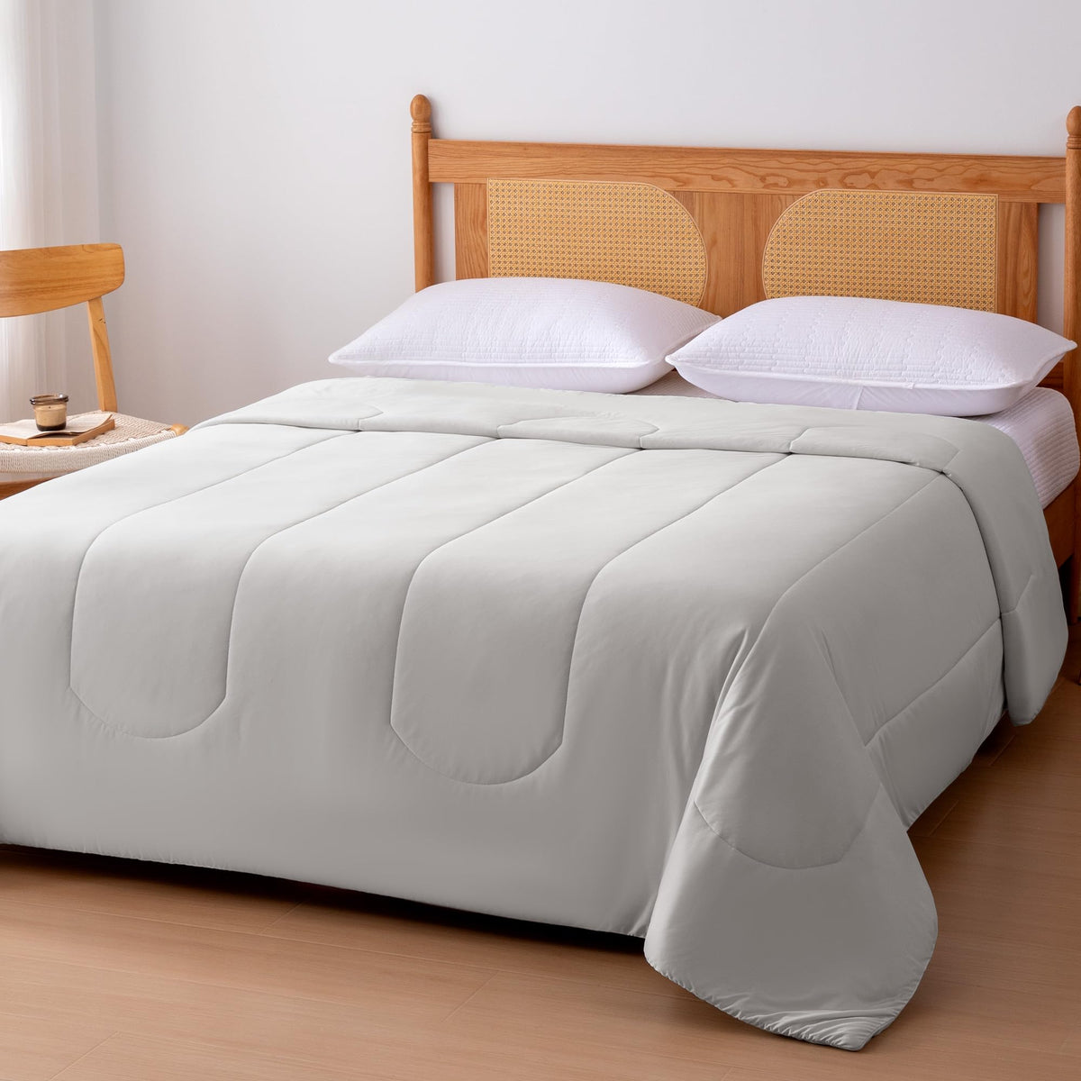 Amazon Basics Cooling Comforter folded neatly for compact storage and quick setup.