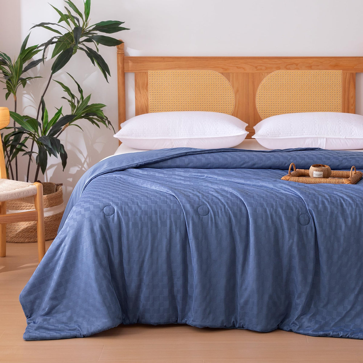 Amazon Basics cooling comforter shows waffle jacquard texture for breathable sleep.