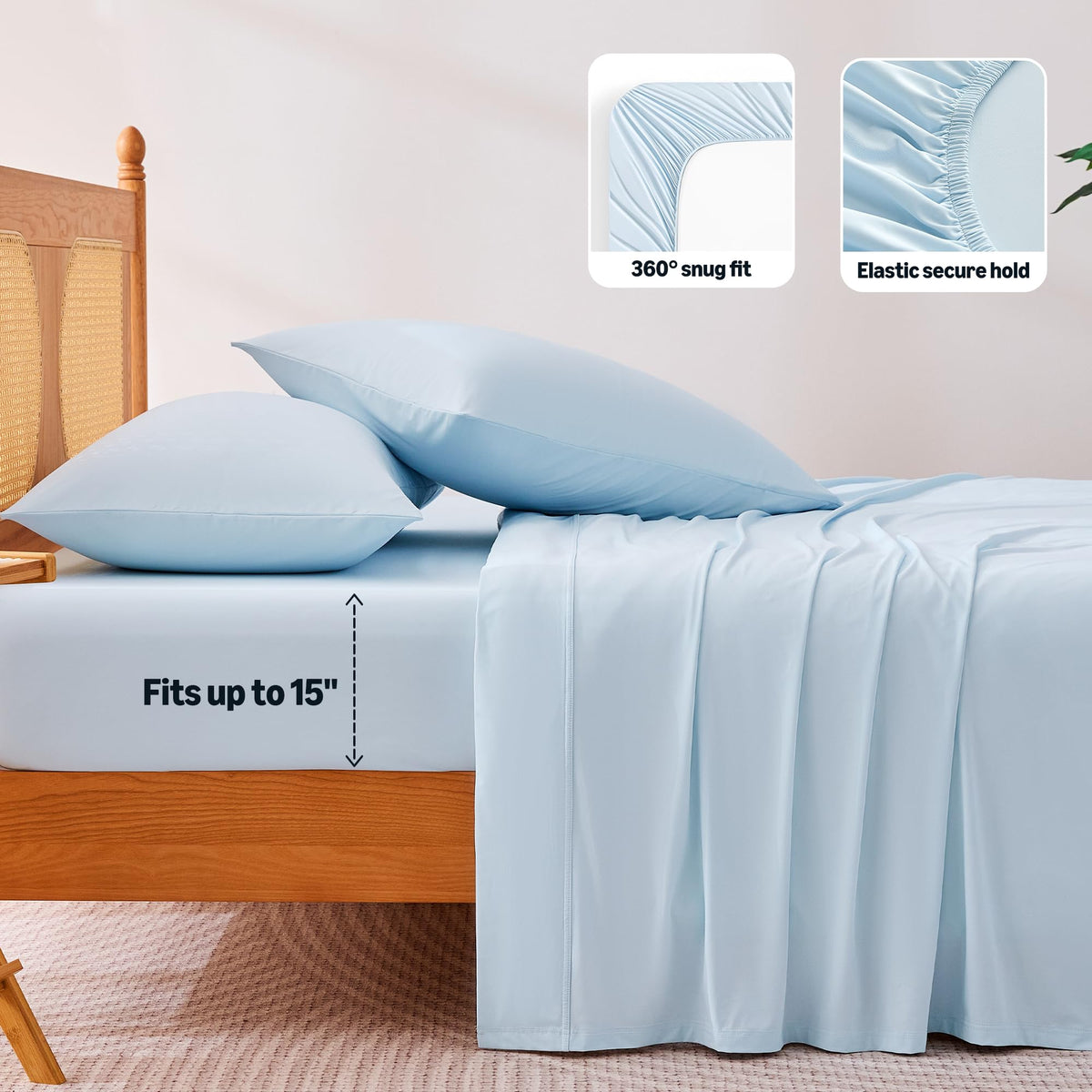 Amazon Basics Cooling Sheets 4-piece set laid out with fitted sheet and pillowcases