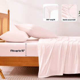 Amazon Basics cooling sheets on pink bed set with calm, airy look