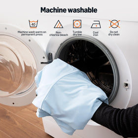 Amazon Basics cooling sheets king blue bed setup shows airy sleeping surface