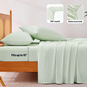 Amazon Basics cooling sheets four-piece set unfolded with pillowcases visible.