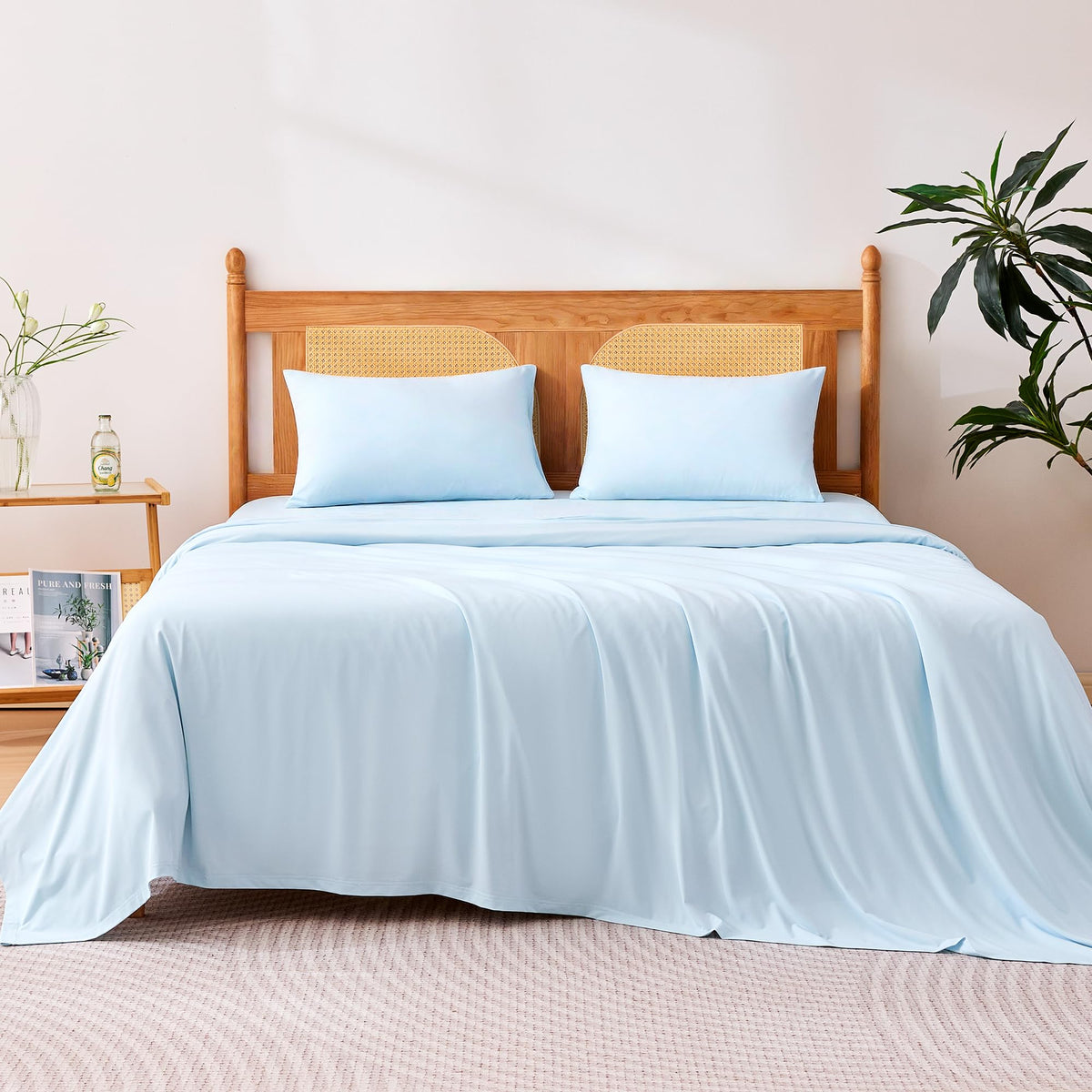 Amazon Basics cooling sheets king blue top view emphasizes breathable design