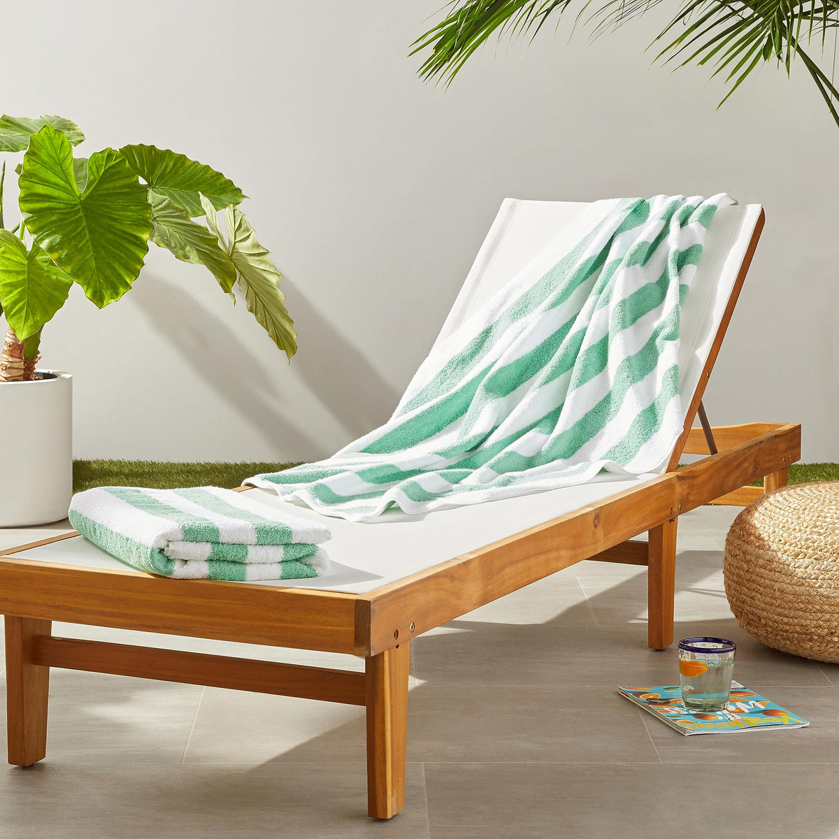 Amazon Basics cotton beach towel with green cabana stripe for beach days