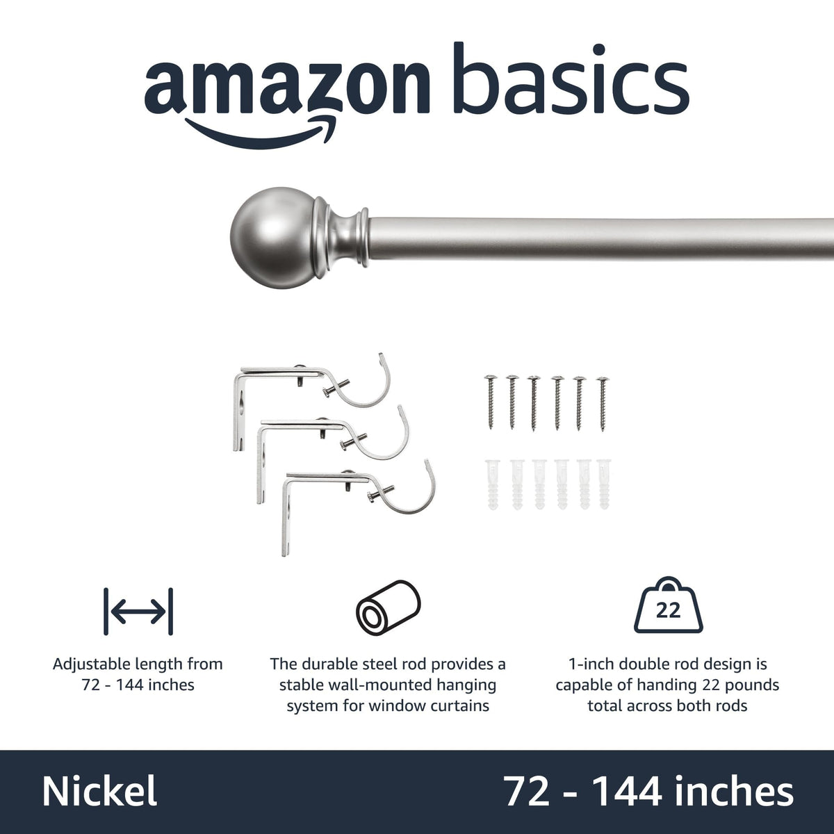 Amazon Basics curtain rod nickel finish close-up highlighting durable, stylish design.
