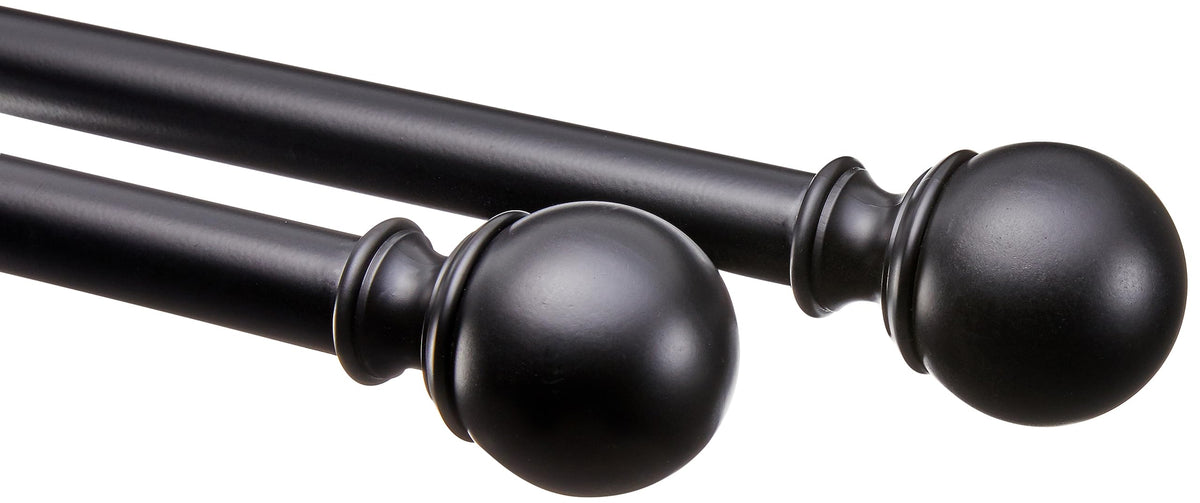 Amazon Basics curtain rod with round finials in black finish, built for durability.