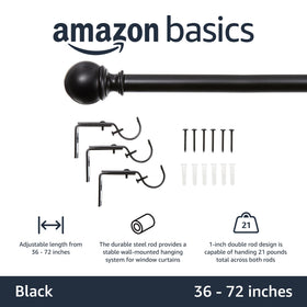 Wall-mounted Amazon Basics curtain rod with hardware included for easy setup.