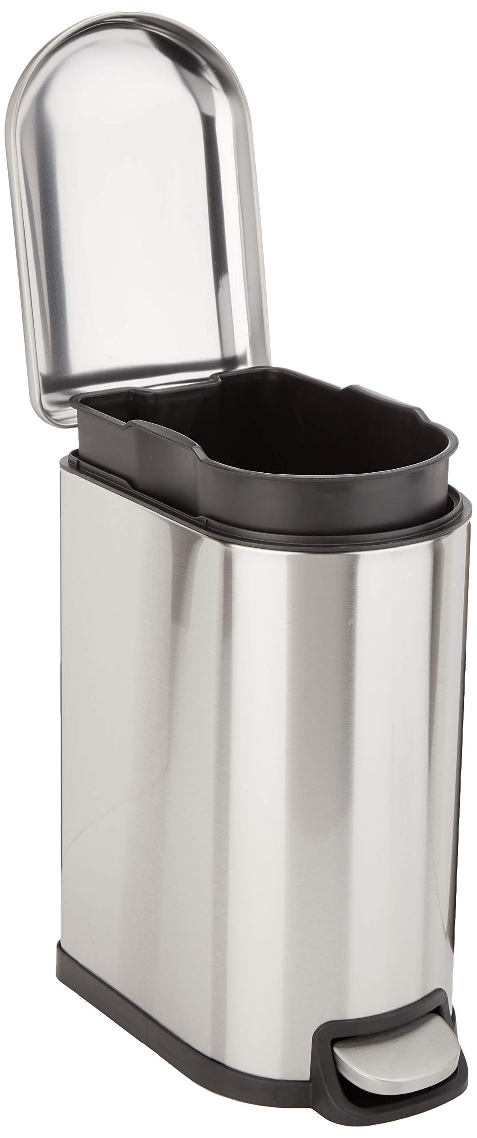 Amazon Basics D-Shaped trash can with soft-close pedal for quiet use.