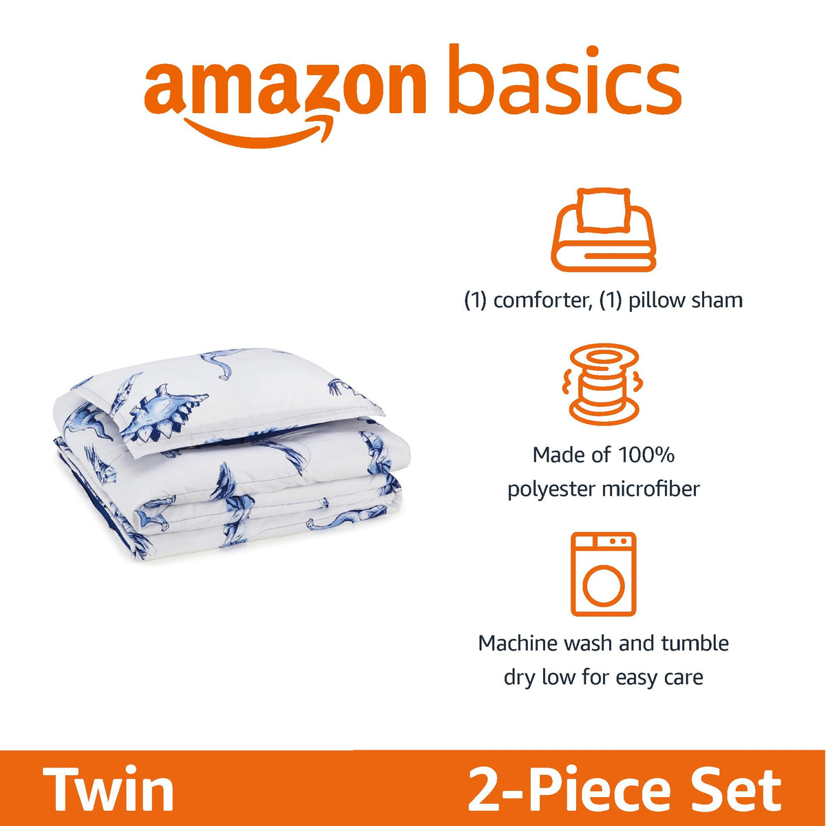 Amazon Basics dinosaur pillow sham coordinates with the comforter for easy-care bedding