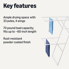Amazon Basics drying rack side view extended for tall items and larger loads