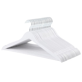 Amazon Basics durable wooden suit hanger in white, keeps outfits neat and reduces shoulder sag