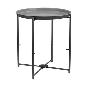 Amazon Basics end table with fabric storage bin underneath for quick organization.