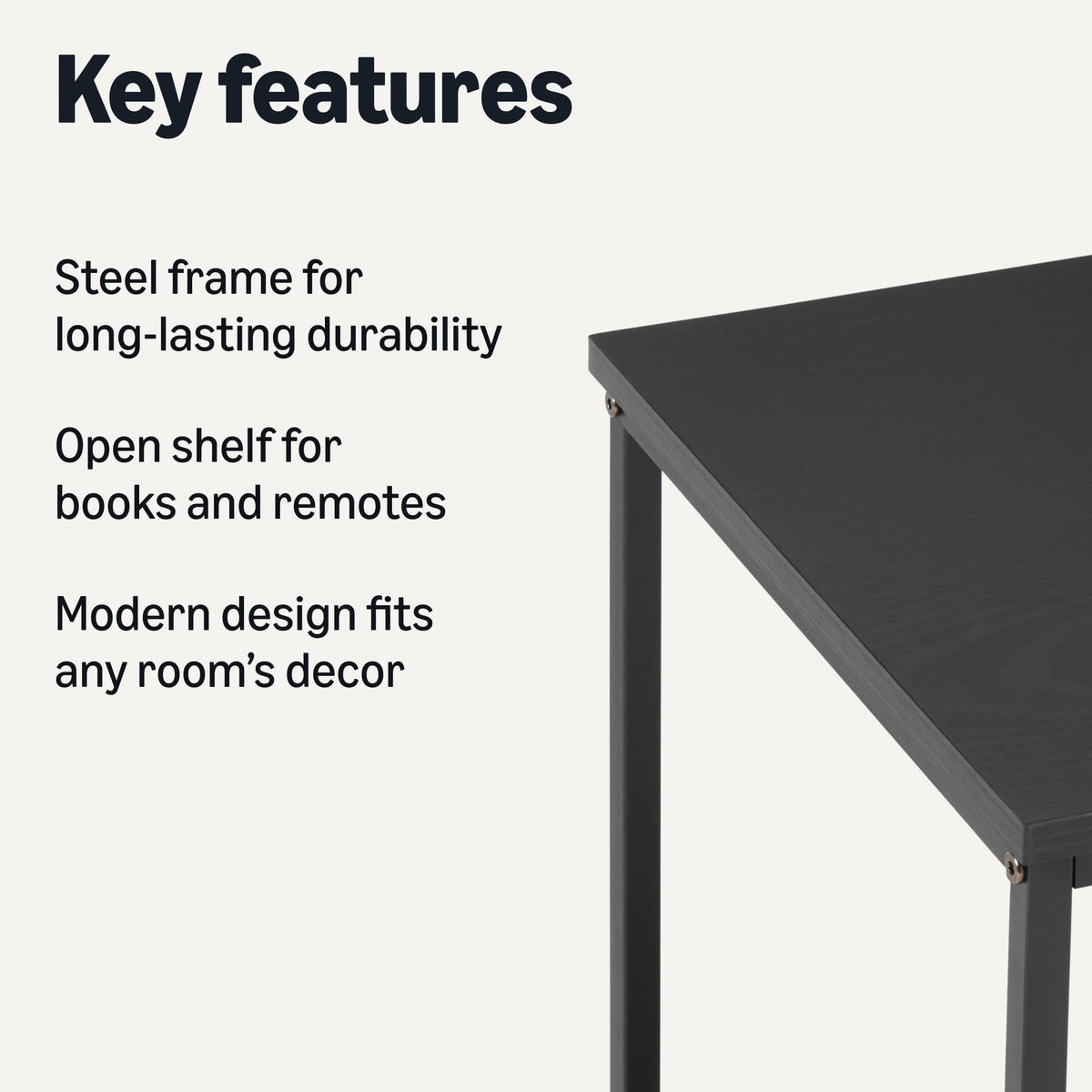 Amazon Basics end table with oak woodgrain top beside a sofa