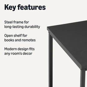 Amazon Basics end table with oak woodgrain top beside a sofa