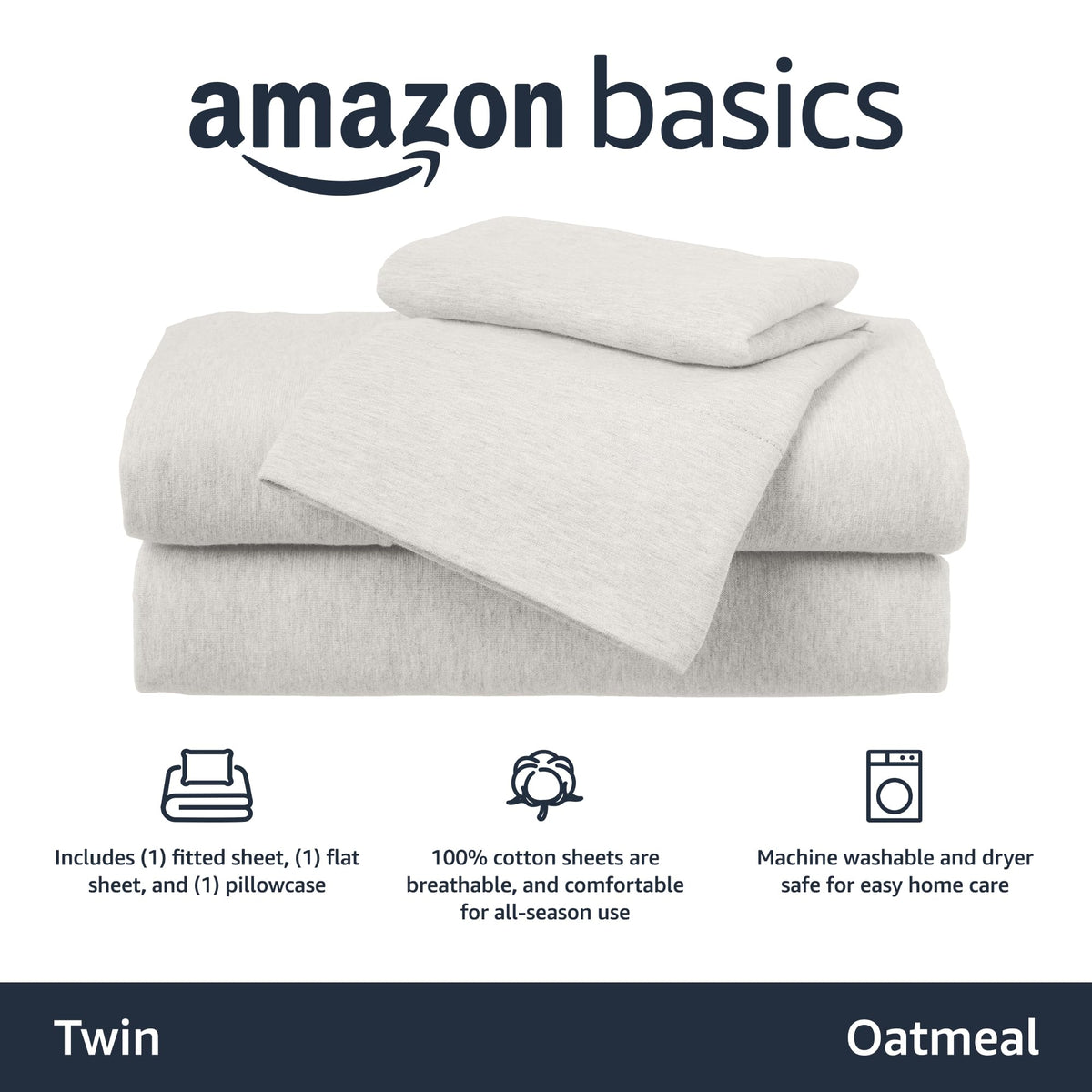 Amazon Basics fitted sheet for twin bed in oatmeal provides secure fit up to 14 inches.