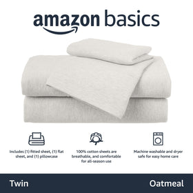 Amazon Basics fitted sheet for twin bed in oatmeal provides secure fit up to 14 inches.